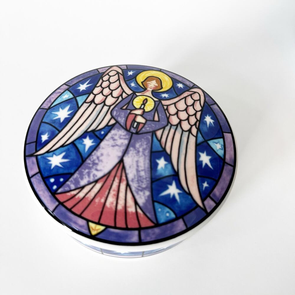 Vintage Mikasa HK501 Angel Trinket Box Stained Glass Porcelain Lidded Dish